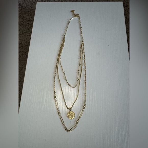 Kendra Scott Retired Gold 3 Layered Necklace with Logo Pendant—Mixed Chains - Picture 5 of 7